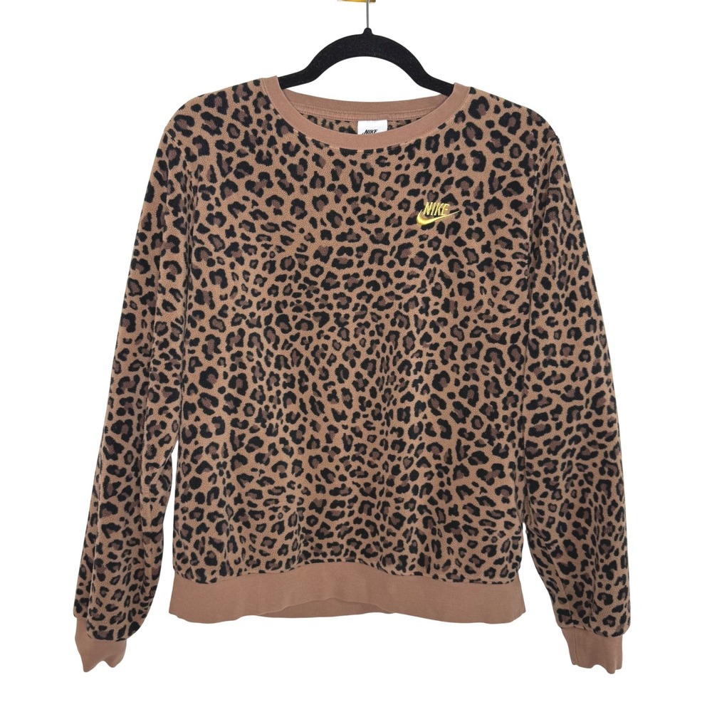 Nike Leopard Print Fleece Crewneck Sweatshirt Brown Black‎ Gold Logo Small Cozy
